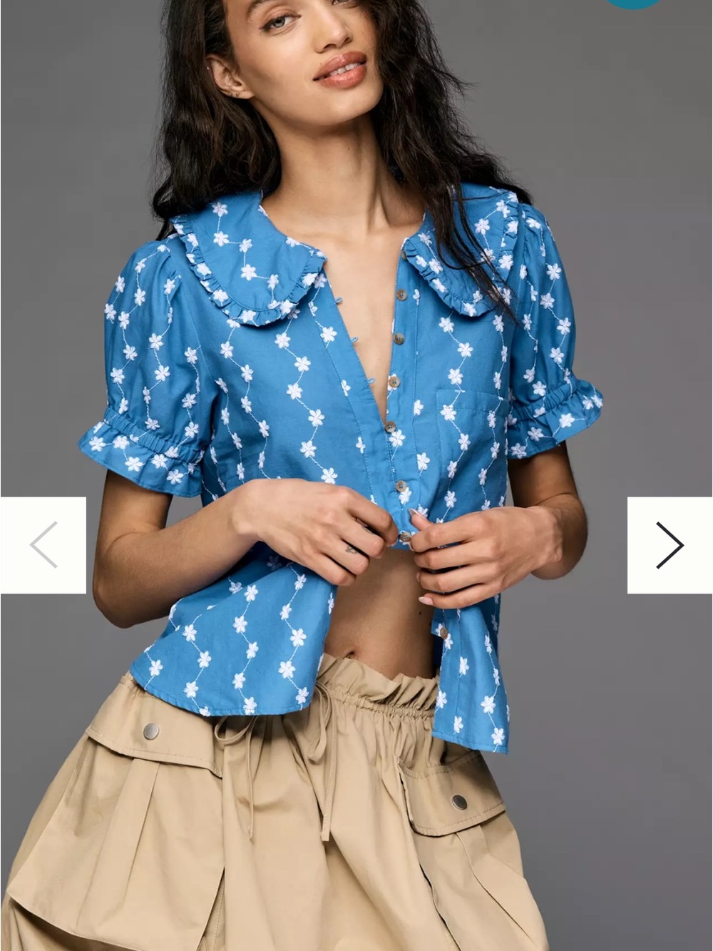 Pilcro from Anthropologie  Blue Floral Button-Front Puff Sleeve Top